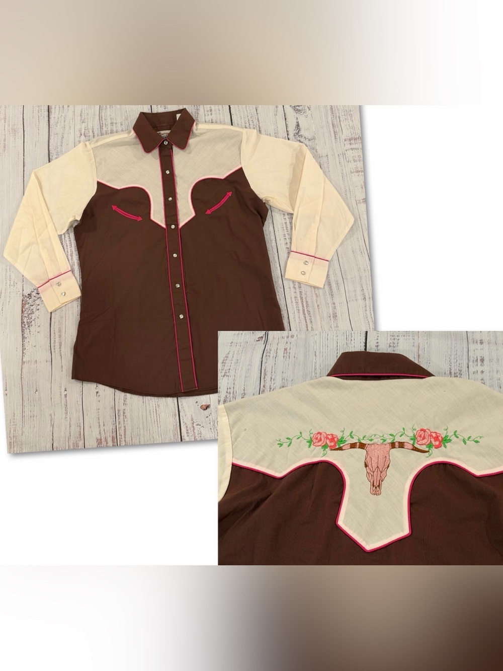 VTG Country Charmers Shirt Womens M. Brown Cream Embroidered Western Pearl Snap